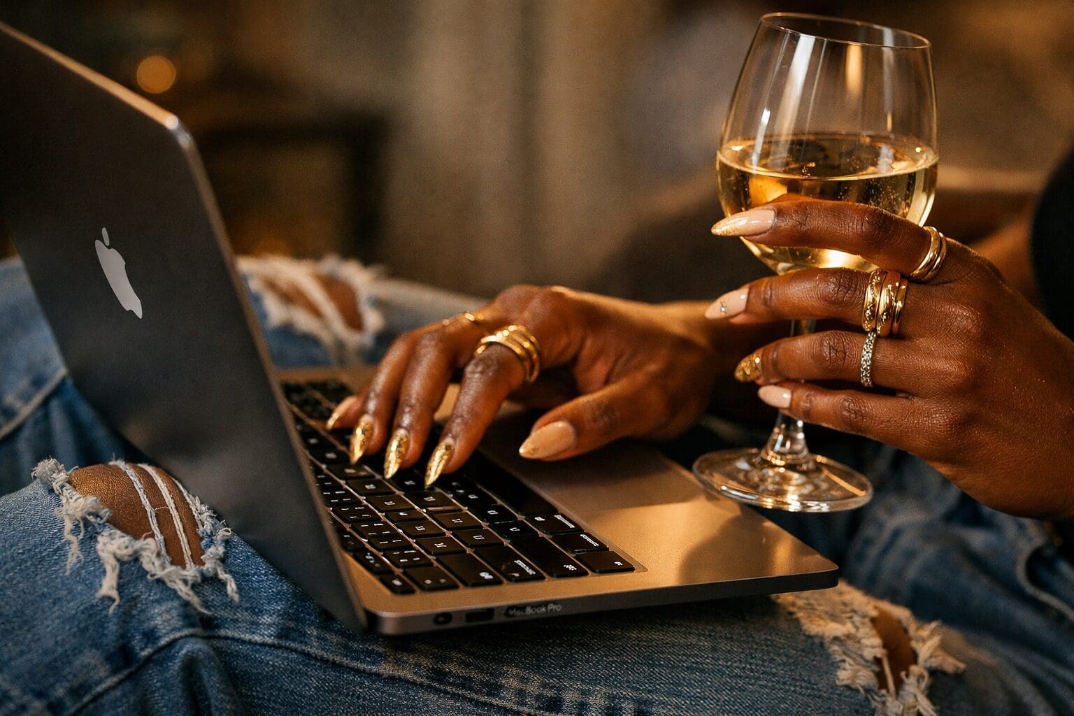 a woman holding a glass of wine while working on her laptop