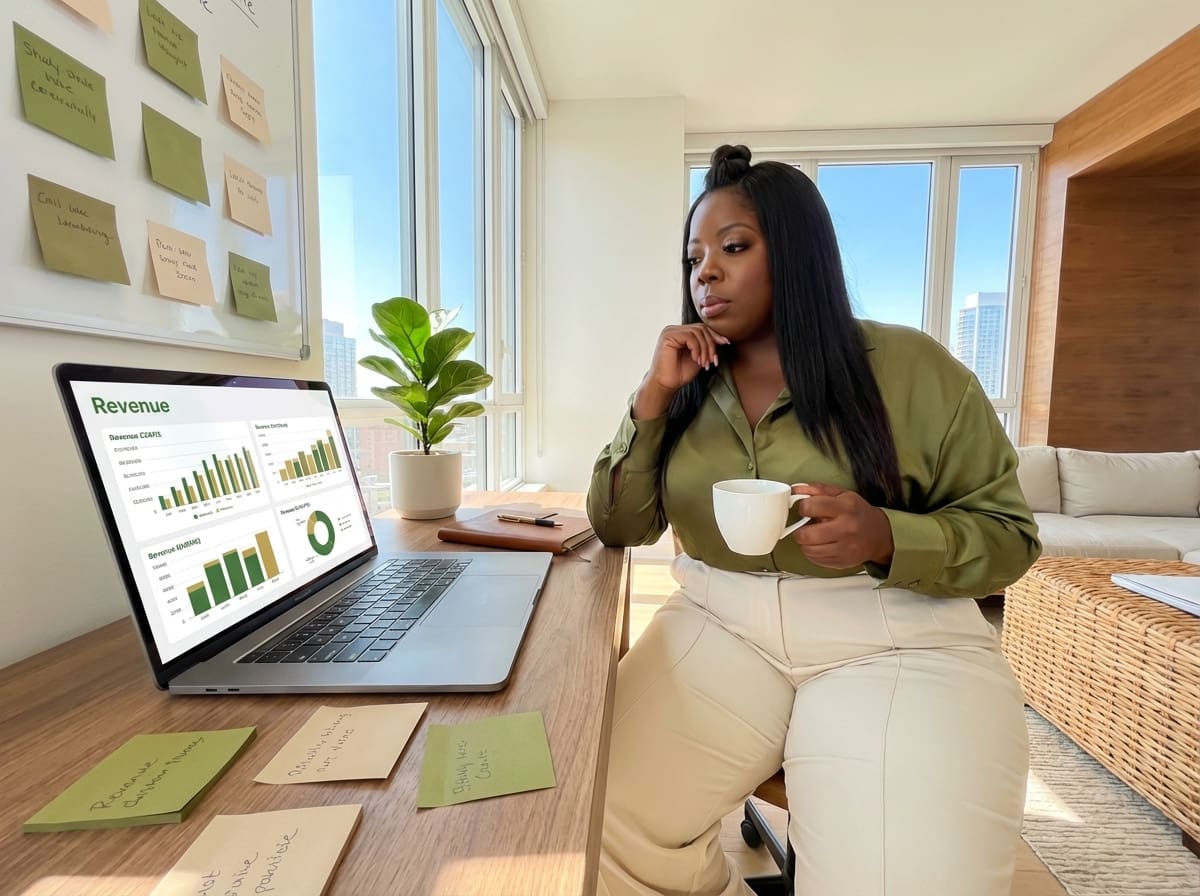 a woman sitting at her laptop reviewing revenue numbers